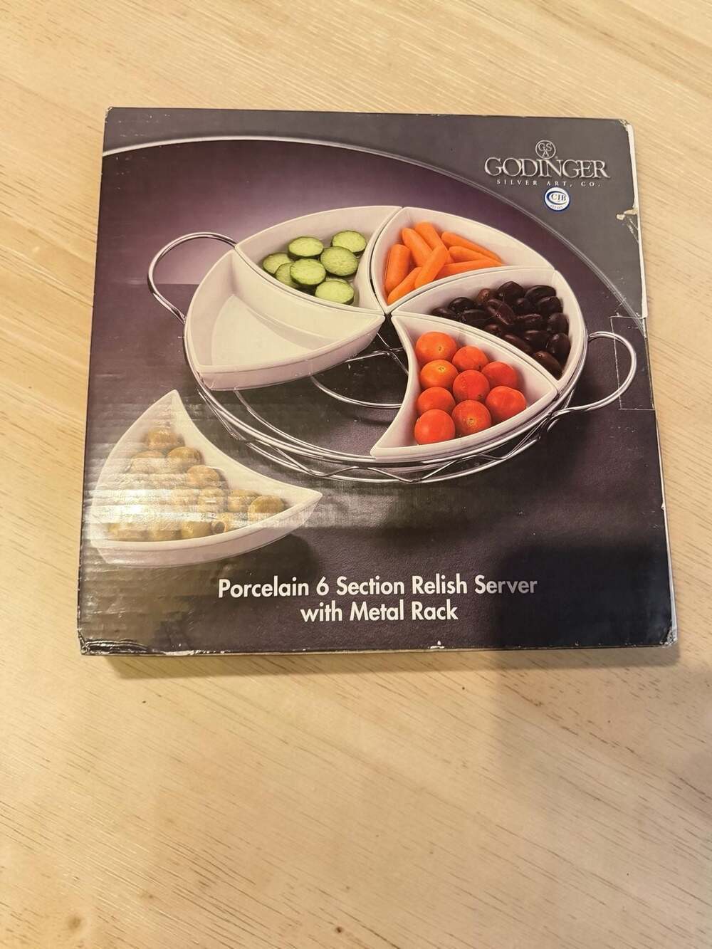 Godinger Silver Art Porcelain 6 Section Relish Server with Metal Rack